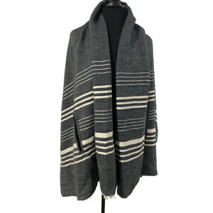 Gray Oversize Wrap Scarf with Arm Holes White Stripe Fringe Poncho Kimono Boho